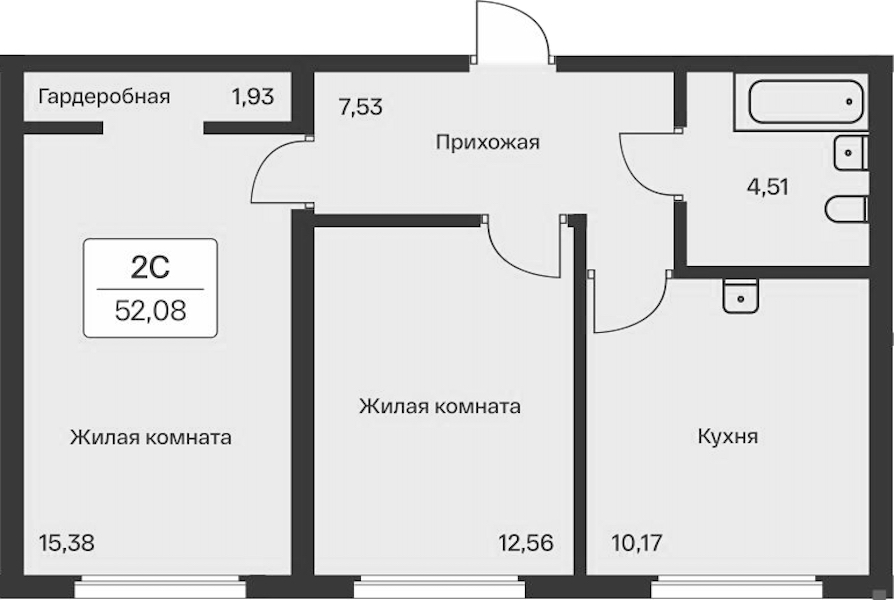 2-комнатная квартира 52.08 м², 1/12 эт., ЖК «Расцветай в Янино»
